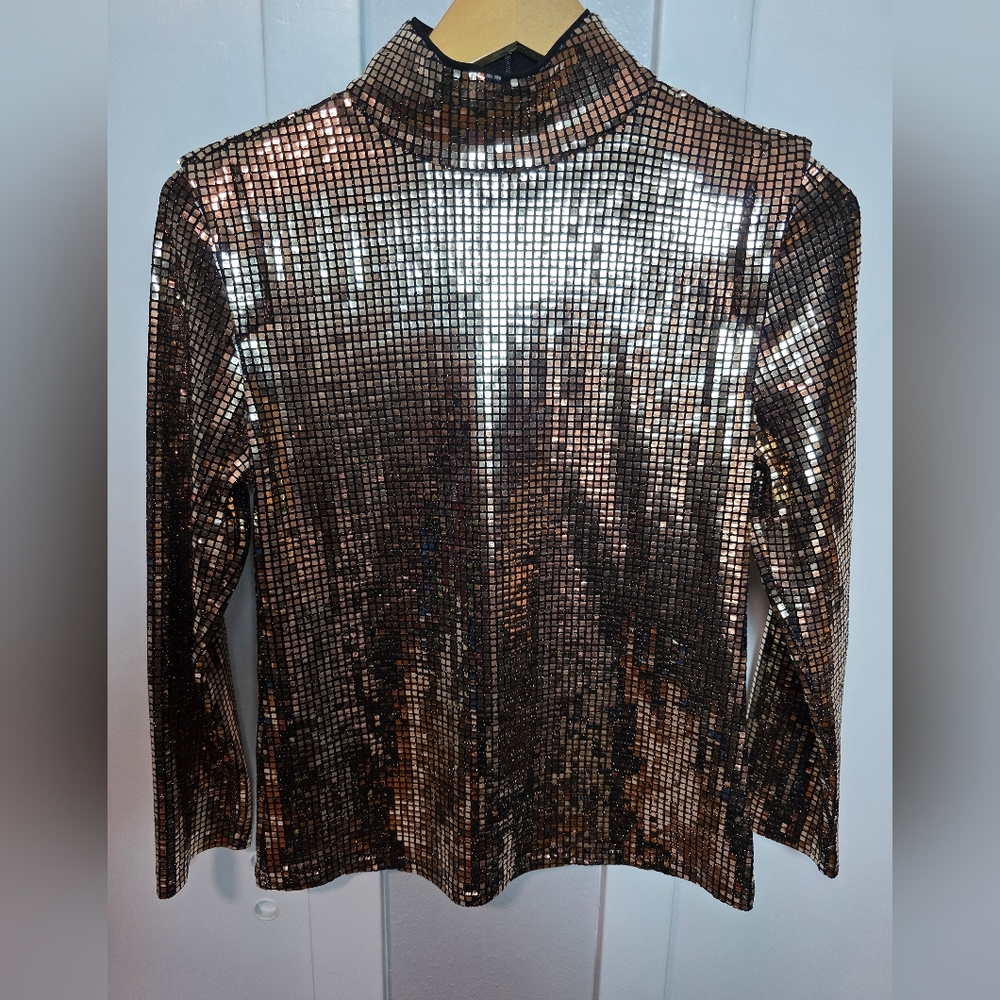 INC International Concepts Gold Metallic Mock Neck Long Sleeve Top - Size S - Picture 2 of 11